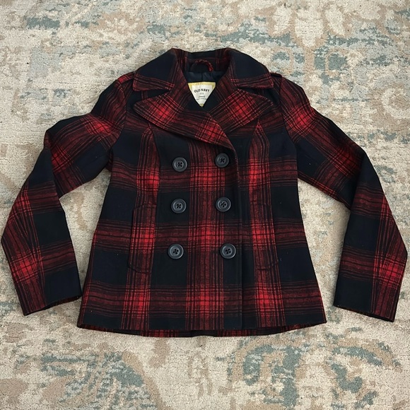 Old Navy Women’s red black plaid wool blend pea coat - S - Picture 1 of 9